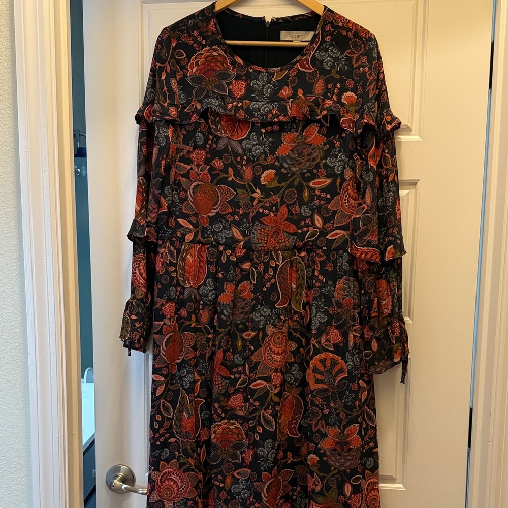 LOFT Black and Red Floral Long Sleeve Dress